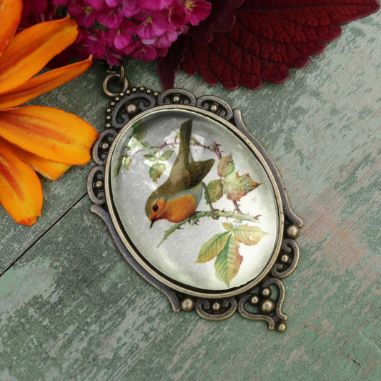 Spring Robin Ornate Oval Cottage Core Pendant Necklace