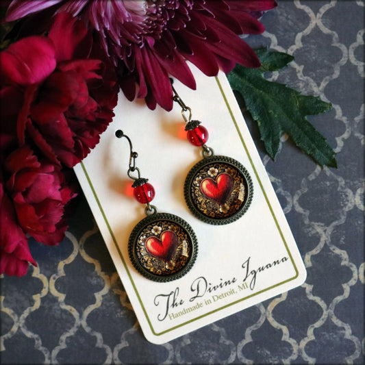 Ornate Heart Valentine's Day Earrings W/ Red Bead