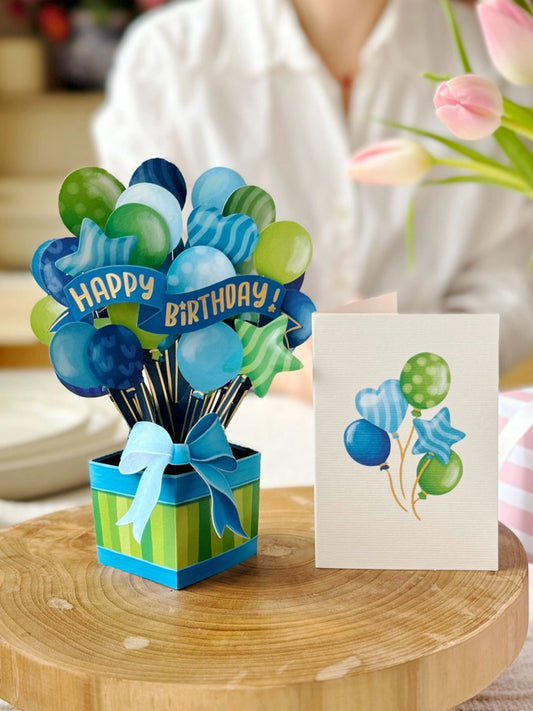 Mini Blue Birthday Balloons | Pop-Up Greeting Card