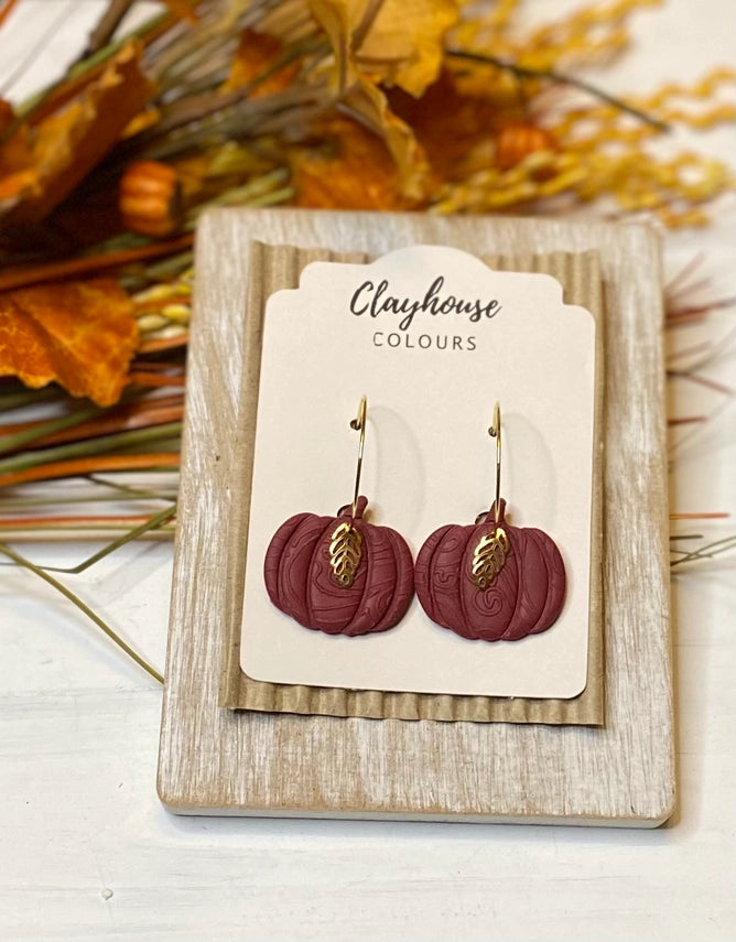 Maroon Gold Leaf Pumpkin | Clay Earrings