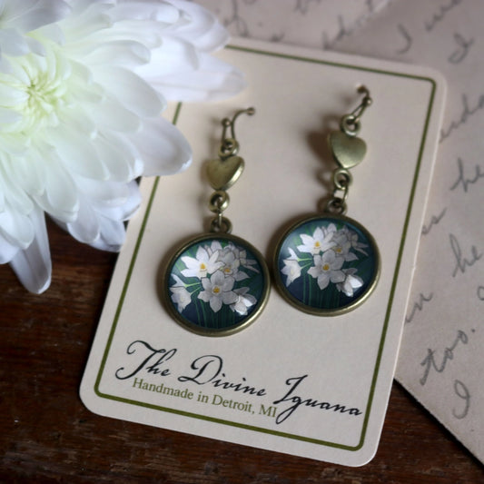 Paperwhite Narcissus Antiqued Bronze & Glass Earrings