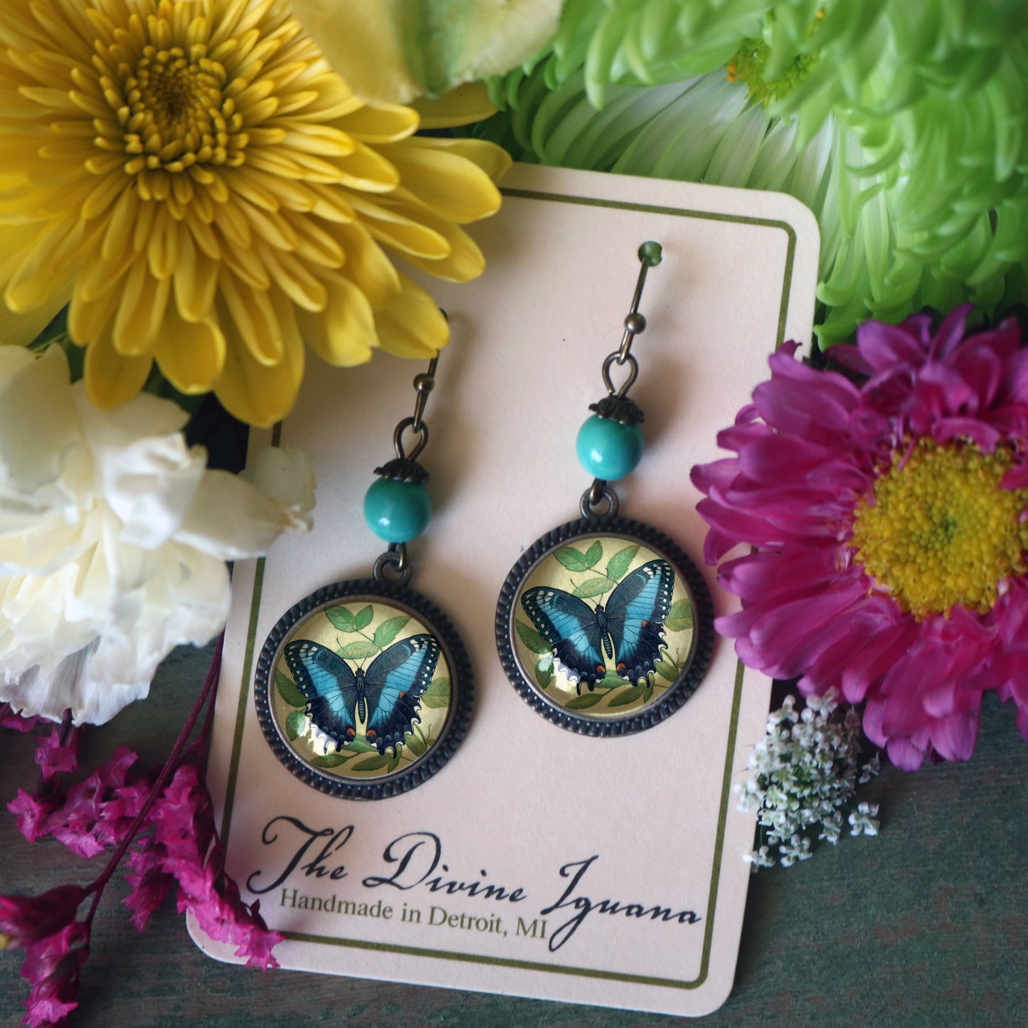 Blue Swallowtail Butterfly | Glass Cabochon Earrings