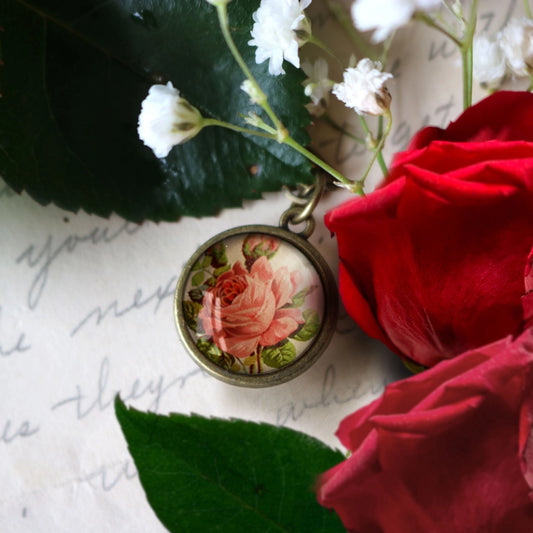 Victorian Tea Rose Simple Reversible Pendant Necklace