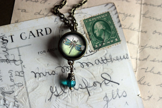 Dragonfly Vintage Inspired Glass Cabochon Necklace W/ Bead