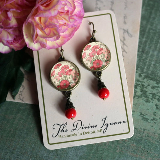 Pink & Red Poppy Flower Glass Cabochon & Bronze Earrings