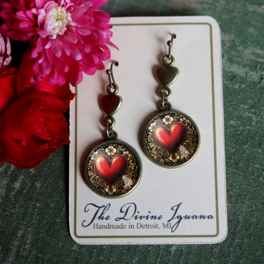 Ornate Heart Valentine's Day Earrings W/ Bronze Heart Bead