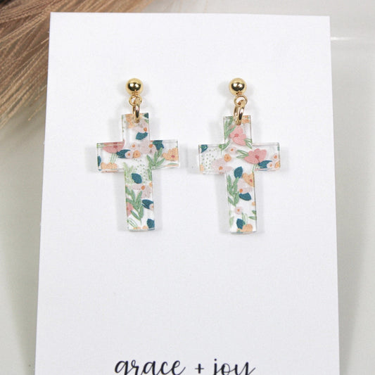 Pastel Floral Cross | Acrylic Earrings