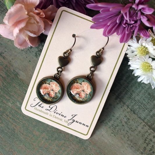 Pink Peony Earrings W/ Bronze Heart