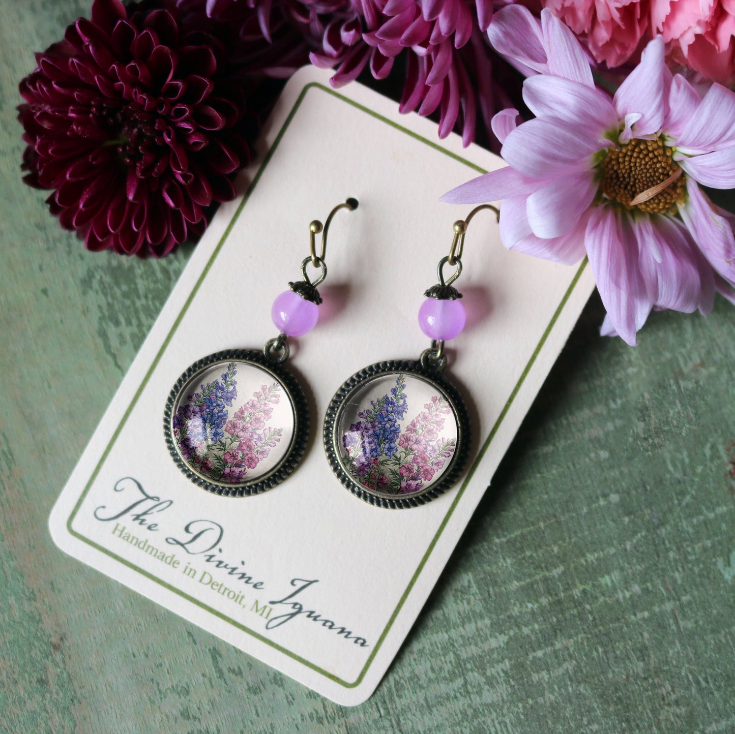 Larkspur & Delphinium Flowers | Glass Cabochon Earrings