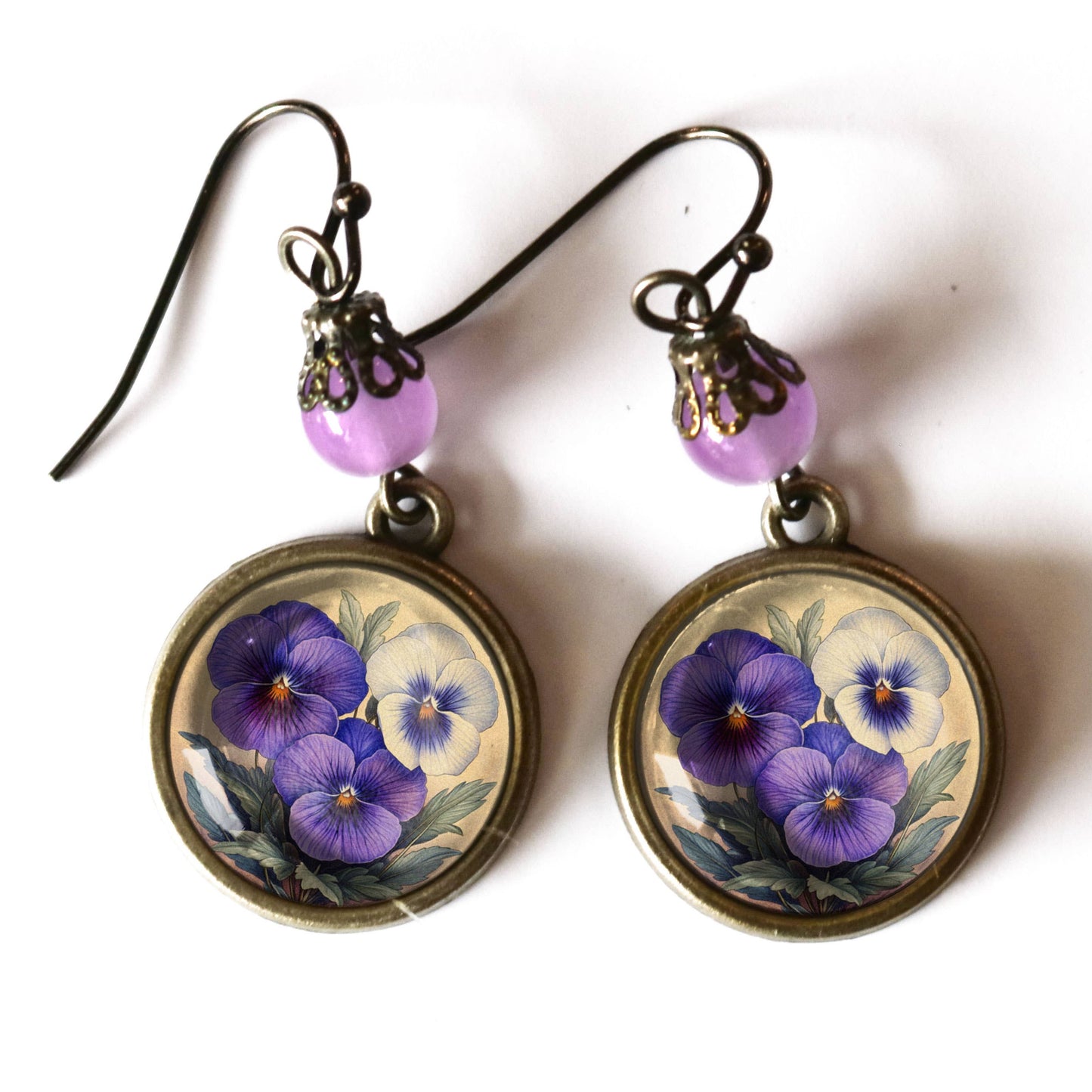 Purple Pansies | Glass Cabochon Earrings