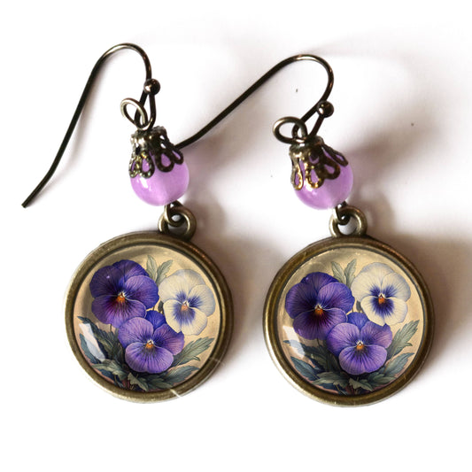 Purple Pansies | Glass Cabochon Earrings
