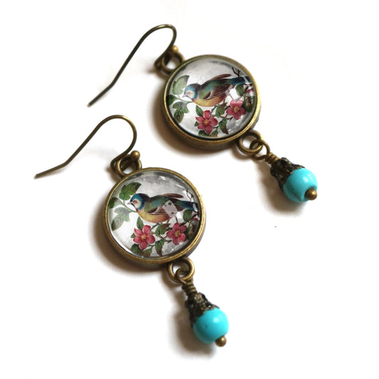 Bluebird Cottagecore Glass Cabochon and Bronze Earrings