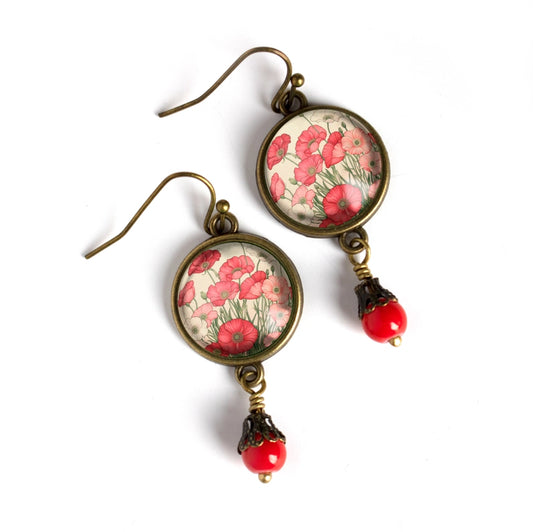 Pink & Red Poppy Flower Glass Cabochon & Bronze Earrings