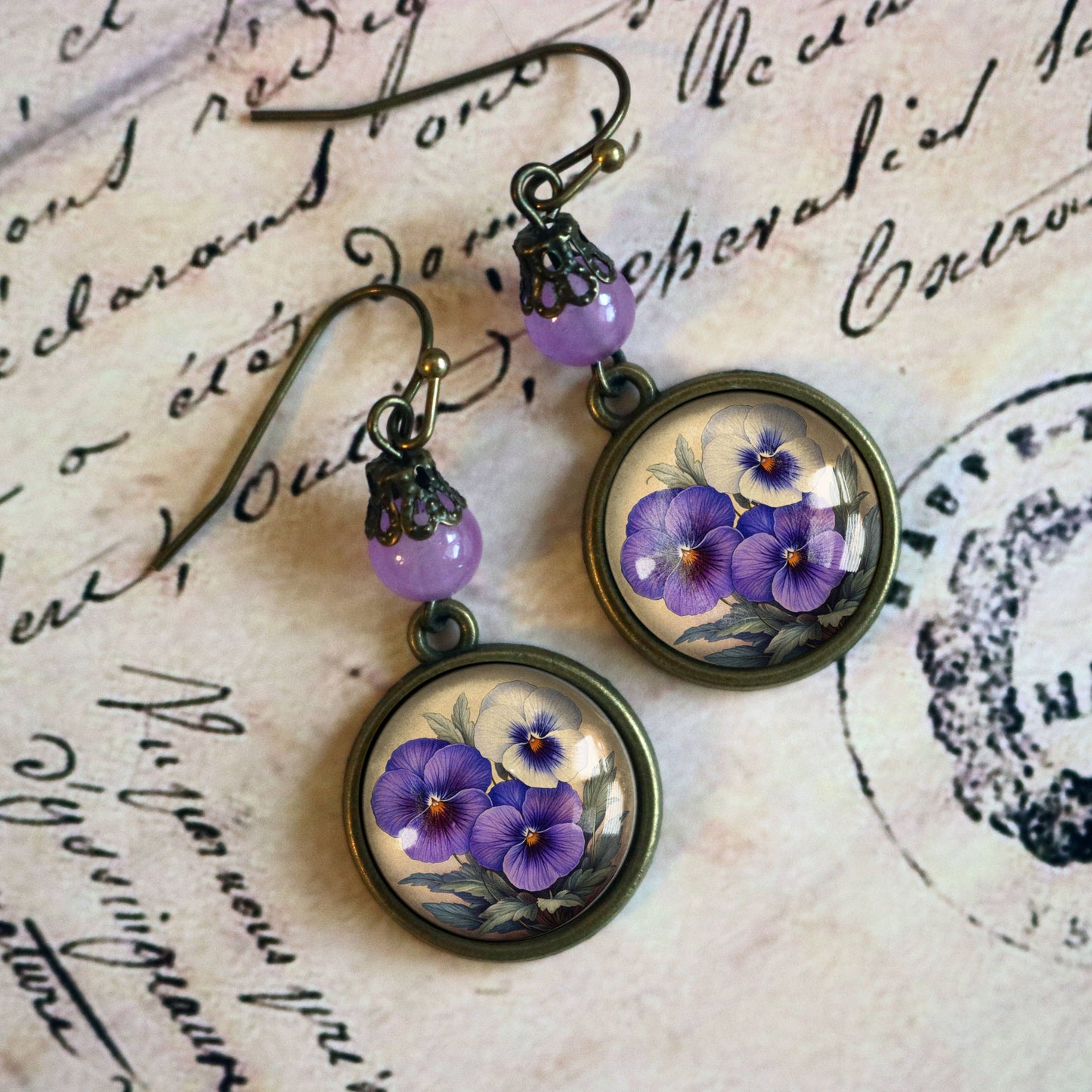 Purple Pansies | Glass Cabochon Earrings