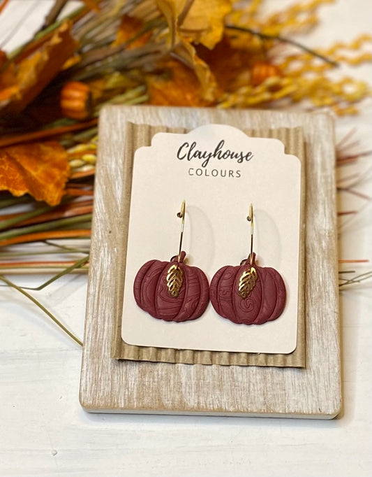 Maroon Gold Leaf Pumpkin | Clay Earrings