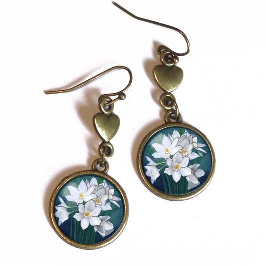 Paperwhite Narcissus Antiqued Bronze & Glass Earrings