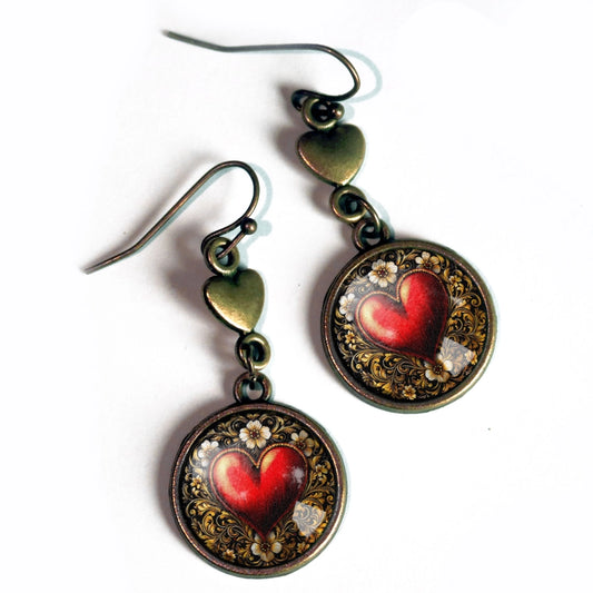 Ornate Heart Valentine's Day Earrings W/ Bronze Heart Bead