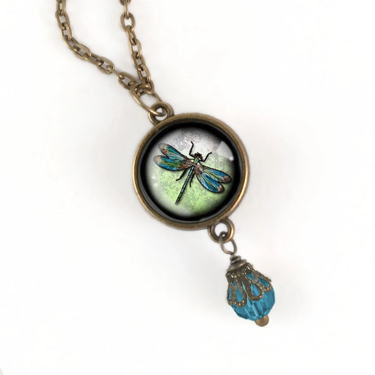 Dragonfly Vintage Inspired Glass Cabochon Necklace W/ Bead