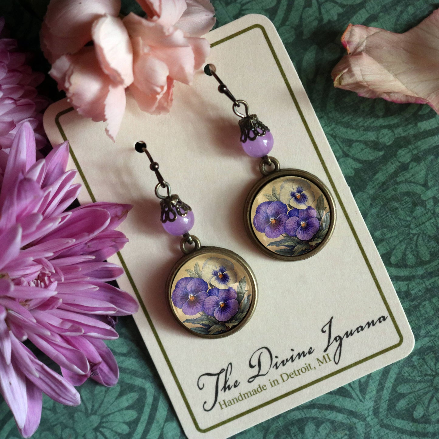 Purple Pansies | Glass Cabochon Earrings