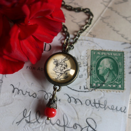 Alice In Wonderland White Rabbit Pendant Necklace w/ Bead