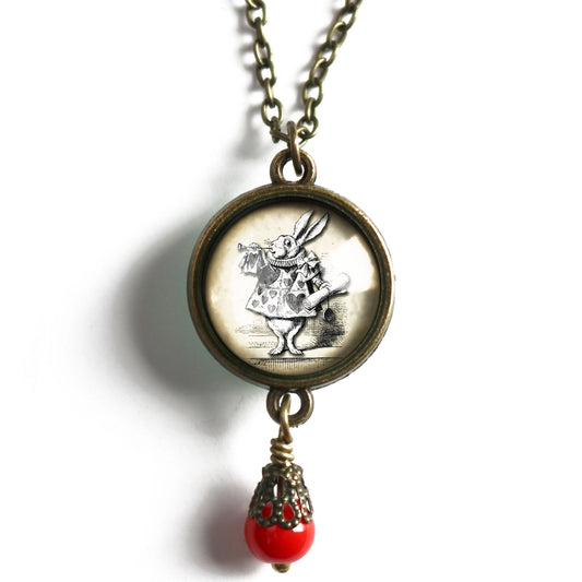 Alice In Wonderland White Rabbit Pendant Necklace w/ Bead