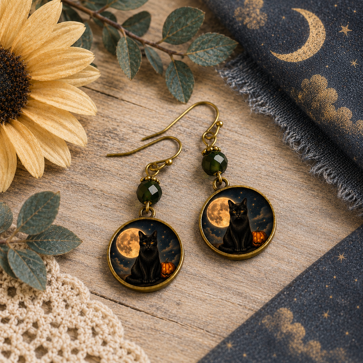 Black Cat Halloween | Glass Cabochon Earrings