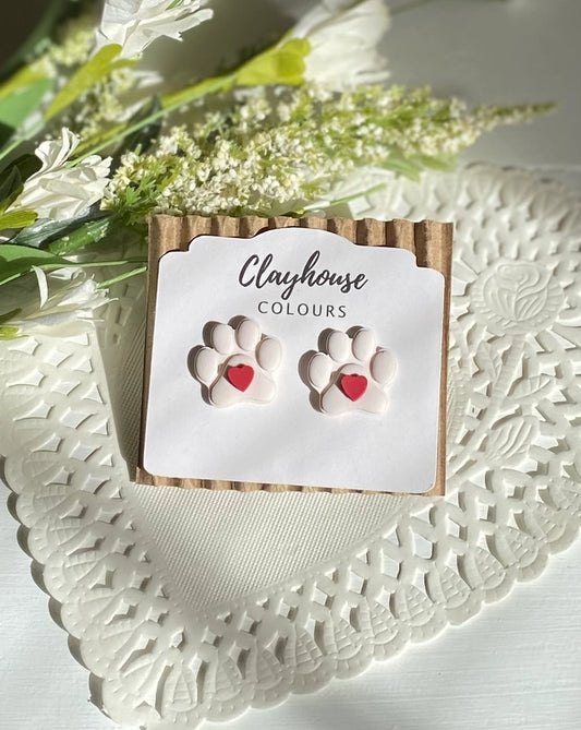 White Paw Print & Red Heart | Clay Earrings