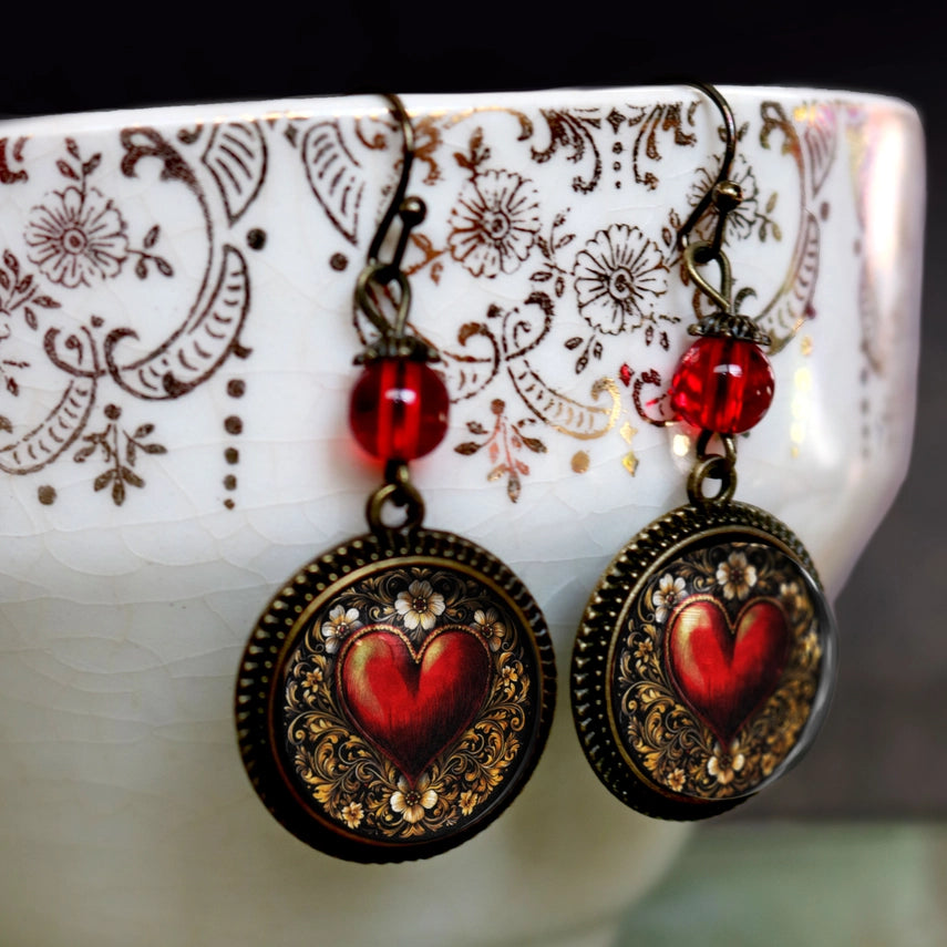 Ornate Heart Valentine's Day Earrings W/ Red Bead
