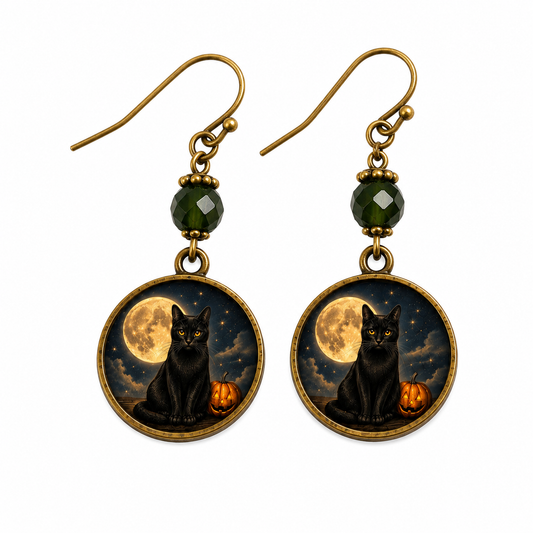 Black Cat Halloween | Glass Cabochon Earrings
