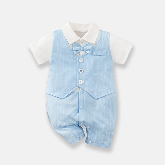 Infant Stripe Short Sleeve Lapel Jumpsuit