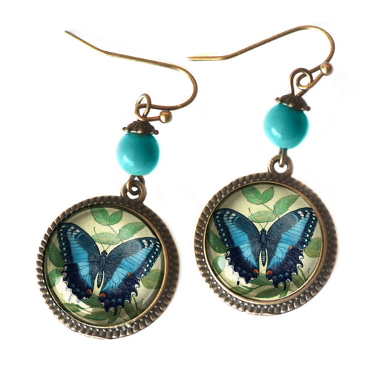 Blue Swallowtail Butterfly | Glass Cabochon Earrings