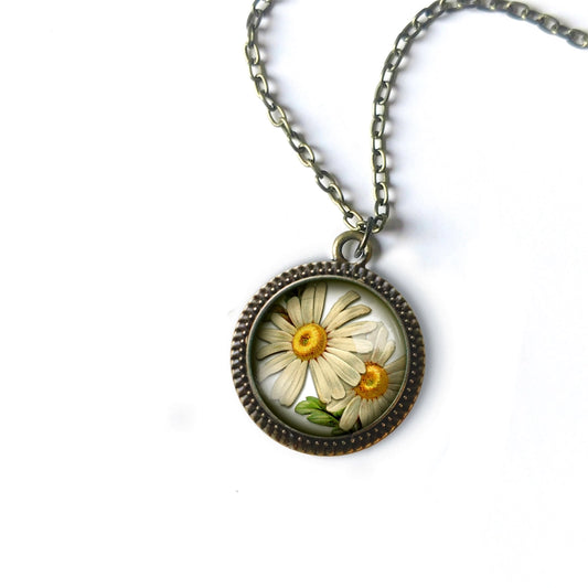 Summer Daisy Cottage Core Glass Cabochon Necklace