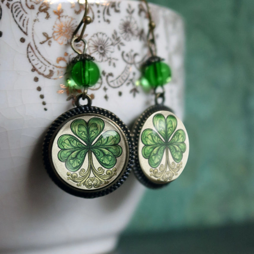 Classic Shamrock Glass Cabochon St Patrick's Day Earrings