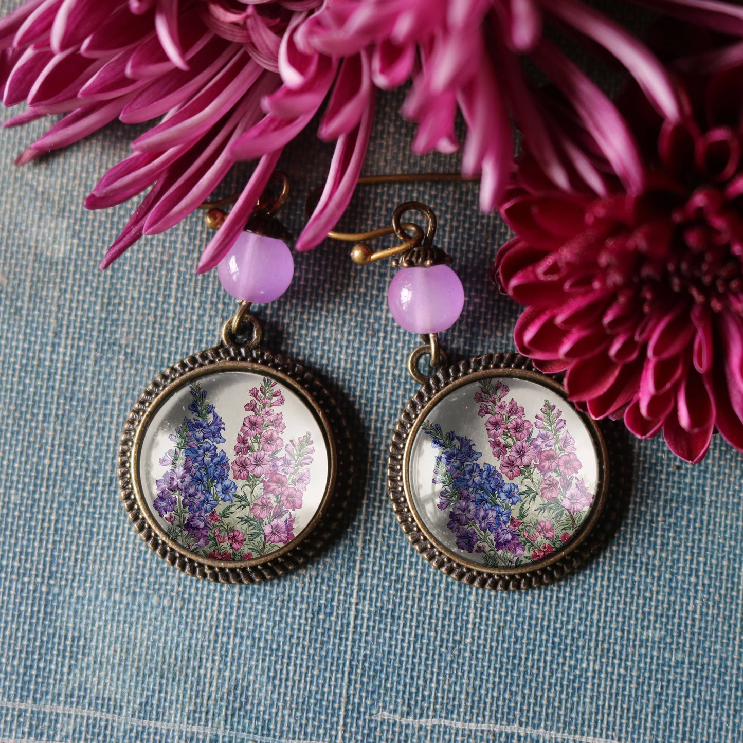 Larkspur & Delphinium Flowers | Glass Cabochon Earrings