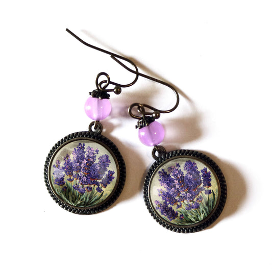Lavender Flowers | Glass Cabochon Earrings