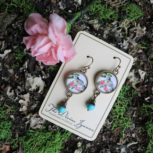 Bluebird Cottagecore Glass Cabochon and Bronze Earrings
