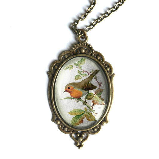 Spring Robin Ornate Oval Cottage Core Pendant Necklace