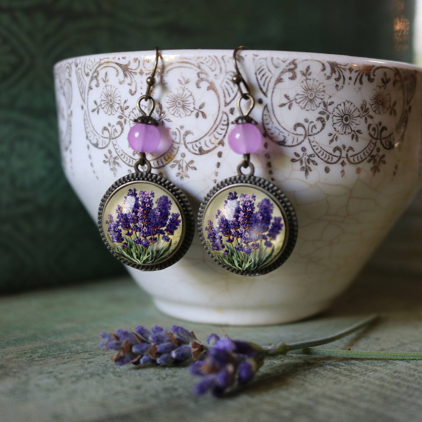 Lavender Flowers | Glass Cabochon Earrings