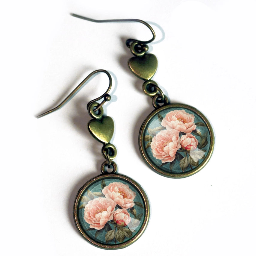 Pink Peony Earrings W/ Bronze Heart