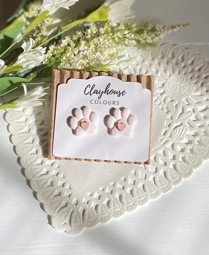 White Paw Print & Pink Heart | Clay Earrings