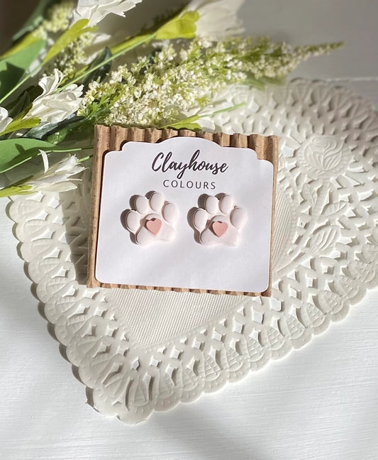 White Paw Print & Pink Heart | Clay Earrings
