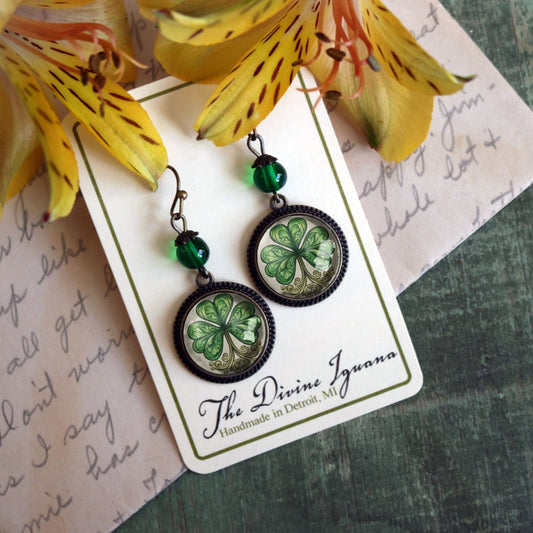 Classic Shamrock Glass Cabochon St Patrick's Day Earrings