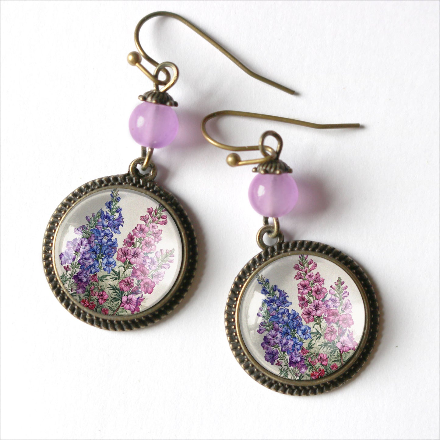 Larkspur & Delphinium Flowers | Glass Cabochon Earrings