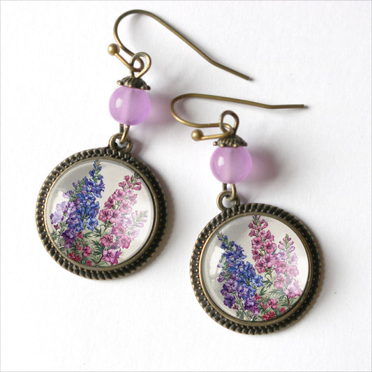 Larkspur & Delphinium Flowers | Glass Cabochon Earrings