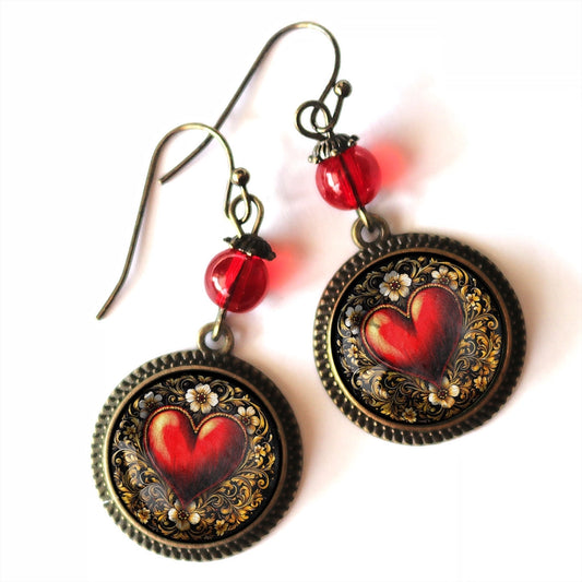 Ornate Heart Valentine's Day Earrings W/ Red Bead