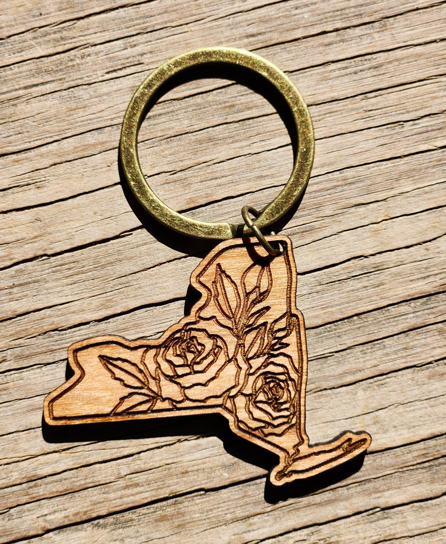 NY Wood Engraved State Flower Keychain