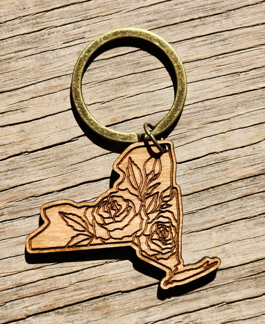 NY Wood Engraved State Flower Keychain